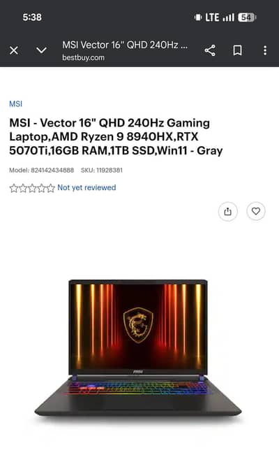 MSI VECTOR 16 HX AI, RTX 5070TI, 240hz
