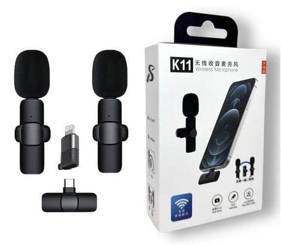 K11 2-in-1 Wireless Microphone | Lavalier Mic for iPhone, Android & Type-C Devices | Wireless Mic for Mobile | Wireless Microphone Plug & Play