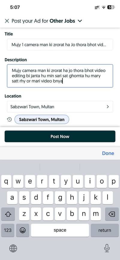 Mujy 1 camera man ki zrorat ha Jo thora bhot video editing bi janta h