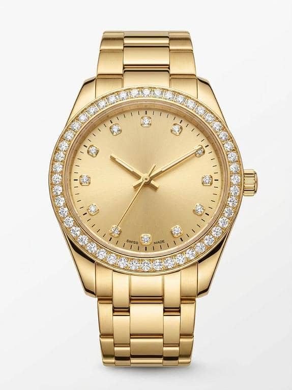 Luxury Gold-Tone Diamond Bezel Watch for Women - Elegant Swiss Made Designer Timepiece with Crystal Hour Markers & Stainless Steel Link Bracelet