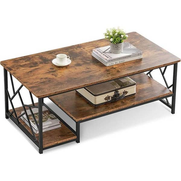 Contemporary Rectangular Center Table Featuring Wooden Marble Texture Surface and Heavy Duty Metal Frame with Spacious Storage Shelves