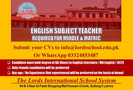 Required Female Teacher for English Subject