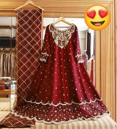 Maroon Shamoz Silk 3-Piece Embroidered Maxi with Dupatta – Handwork