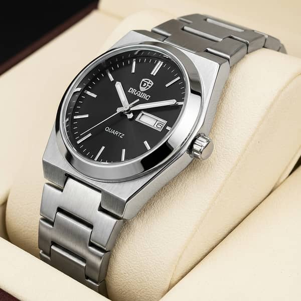 Silver Stainless Steel Watch with Black Dial and Date Window