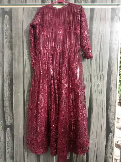 Maroon Net Sequence Work Maxi Dress with Dupatta – Sirf Aik Dafa Pehna