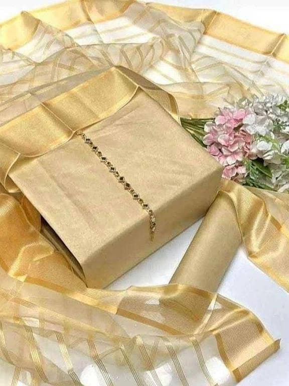 ZM Fabrics 3-Piece Unstitched Katan Silk Shirt & Trouser with Organza Lining Dupatta for Women and Girls