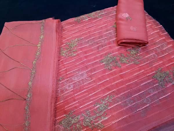 unstitched Ladies Embroidered 3-Piece Chiffon Suit | Chiffon Unstitched Suit | Chicken Kari with Chiffon Duppata for Women