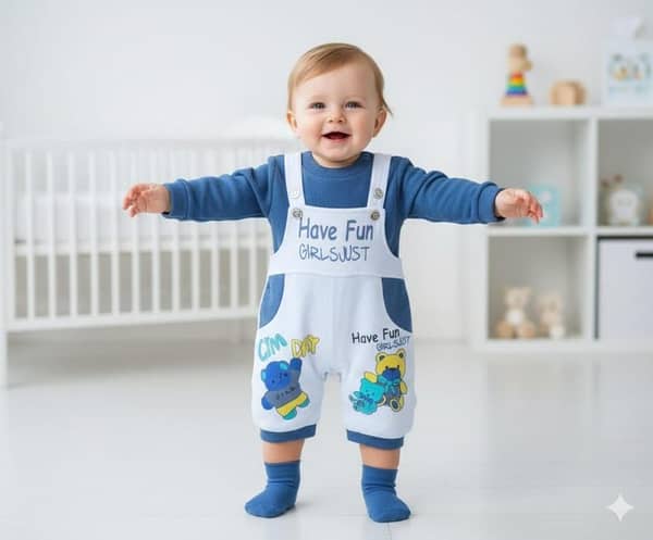 Premium Soft Cotton Baby Romper Set for Newborn & Infants – Cartoon Bear Printed Dungaree Style Overalls with Inner Shirt | Warm & Comfortable Winter Baby Clothing for Boys & Girls | Cute “Have Fun” Design – Multiple Colors