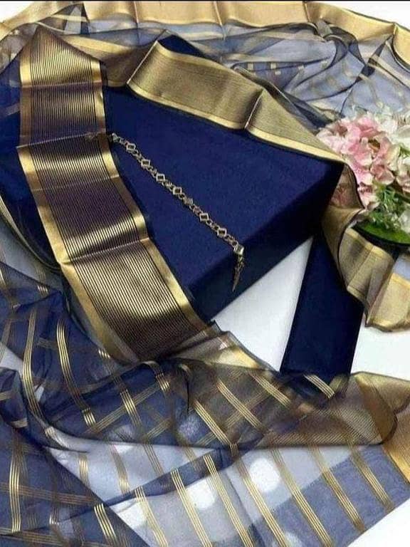 ZM Fabrics: Unstitched Katan Silk Shirt & Trouser with Organza Dupatta (3 yd Shirt, 54"; 2.5 yd Dupatta) for Women