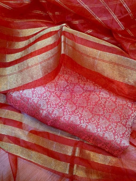 Floral Banarasi Jamawar Red Dress with Gold Zari for Women and Girls | Banarasi Jamawar 3-Piece Suit Set for Girls