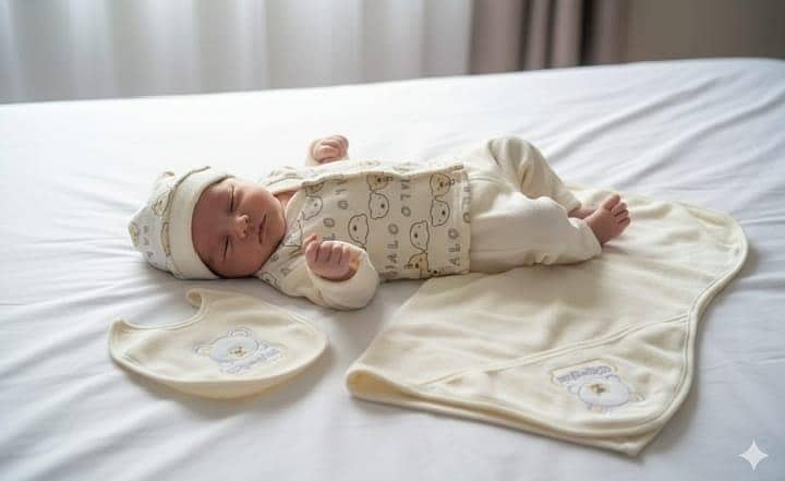 Premium Newborn Baby 3-Piece Clothing Set – Soft Cotton Romper, Bib & Cap | Unisex Infant Outfit | Comfortable Winter Wear for Newborns & Babies | Cute Bear Printed Baby Dress Set Pakistan