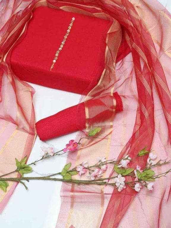 ZM Fabrics 3-Piece Unstitched Katan Silk Shirt & Trouser with Organza Lining Dupatta for Women