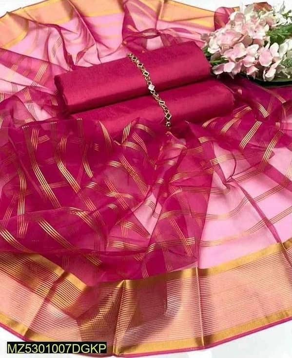 ZM Fabrics 3-Piece Unstitched Katan Silk Suit with Organza Lining Dupatta for Women