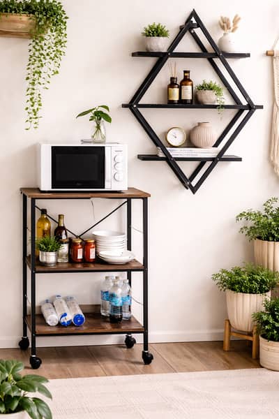 Geometric Diamond Wall Shelf with Metal Frame & Wooden Shelves
