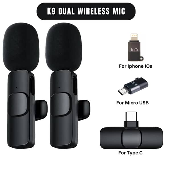 K9 Wireless Lavalier Microphone with USB-C and iOS Connector – Plug-and-Play for Vlogging and Live Recording