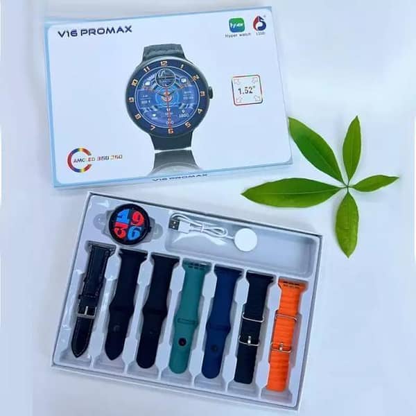 V16 PRO MAX Smart Watch with 7 Belts - Round Dial, Bluetooth Call, Fitness Tracker for Men and Women