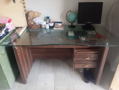 Wooden Study / Computer Table with Glass Top – Good Condition