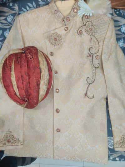 Shervani l Golden Color with pagri and beautiful Mala