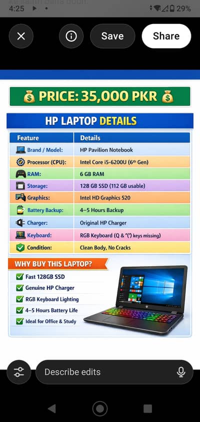 HP core i5 6th generation.   Contact on WhatsApp and olx