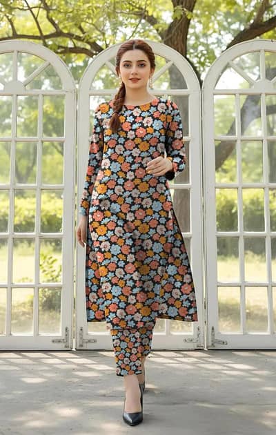 2 piece stitched linen printed women's shirt and trouser