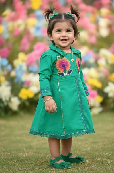 Vibrant Green Embroidery Frock for Girls