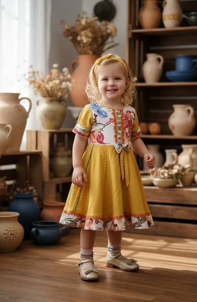 Yellow Floral Frock with Colorful Lace details