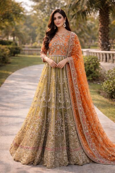 Luxury Orange & Olive Green Heavy Embroidered Maxi with Orange Dupatta