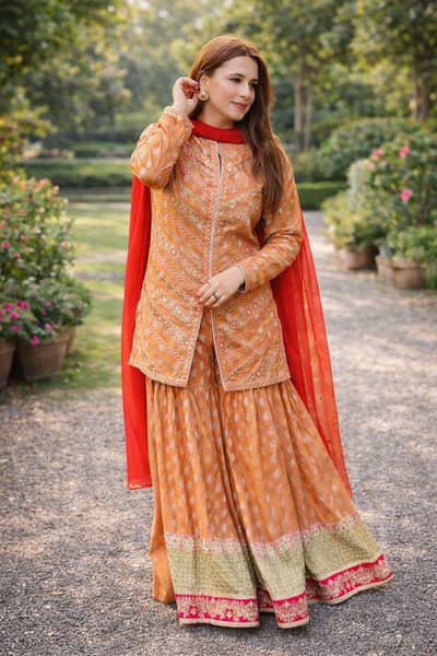 Designer Inspired Peach Orange Sharara Outfit – Premium Finish