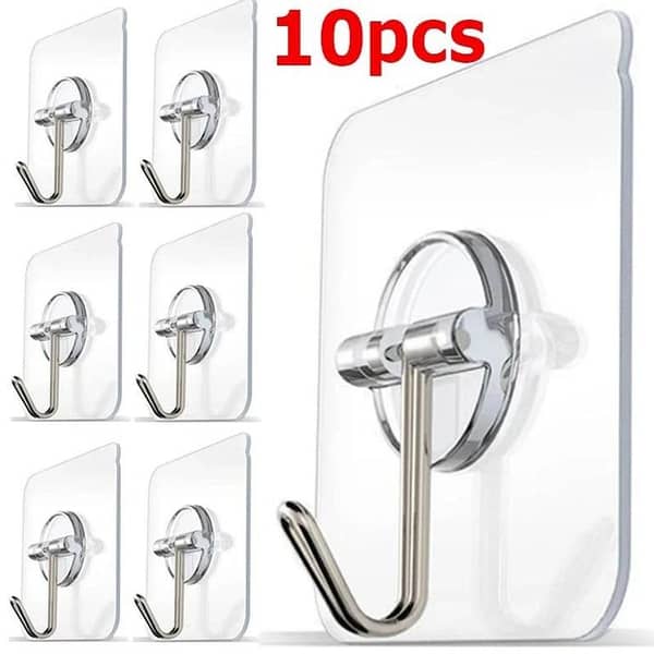 10pcs Transparent Stainless Steel Strong Self Adhesive Hooks Key Storage Hanger for Kitchen Bathroom Door Wall Multi-function