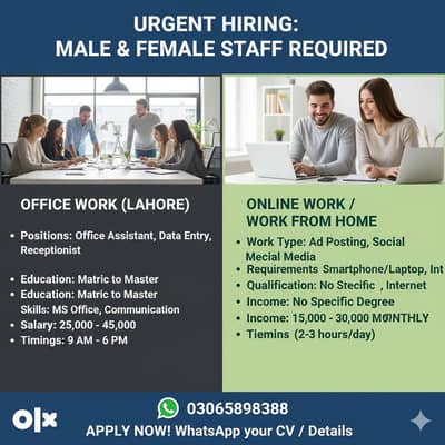 Office And Home Base Staff  Wanted In Lahore