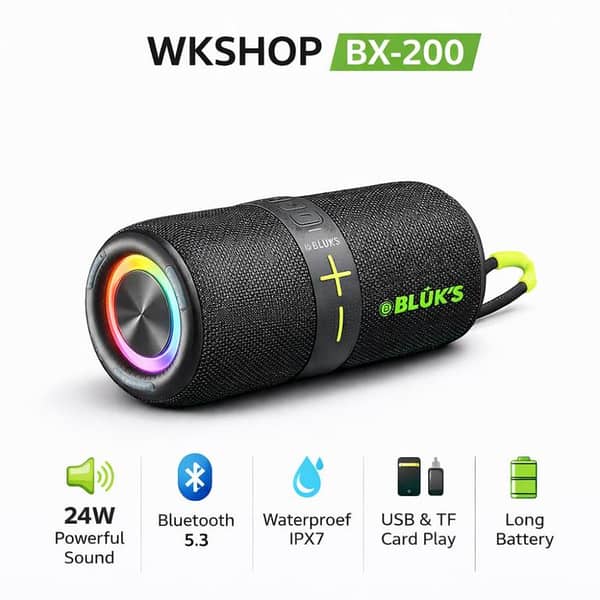 WKSHOP BLUKS BX-200 Rechargeable Waterproof Bluetooth Speaker | 24W Powerful Bass Sound | 3600mAh Long Battery Backup | TWS Dual Pairing | USB/TF/AUX/FM Support | Portable Outdoor Party Speaker – Brand New