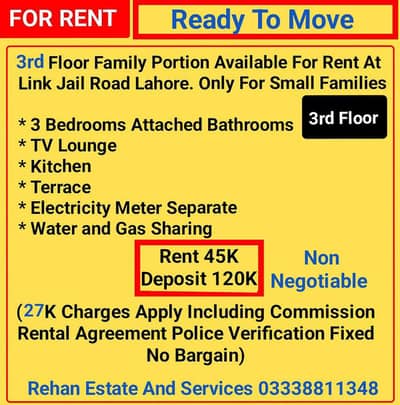 3rd Floor Family Portion For Rent At Jail Road Lahore