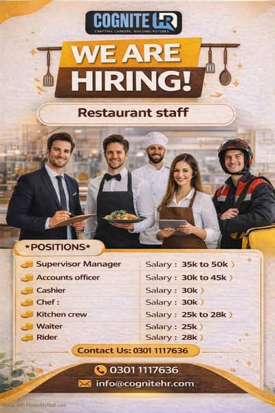 Kitchen Crew Staff | Account Officer | Cashier | Rider | Male & Female