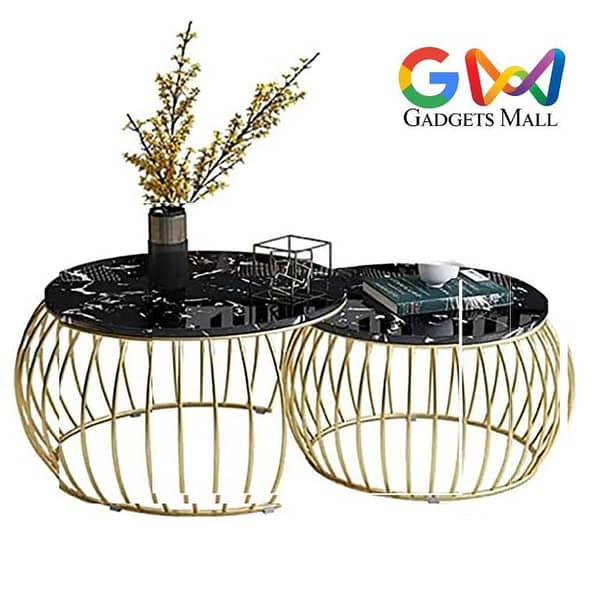 Stylish Modern Two-Piece Round Center Table Set with Wooden Marble-Textured Surface and Metal Frame
