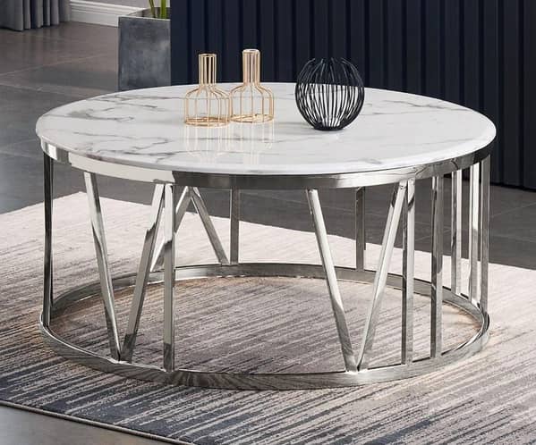Round Center Table with Realistic Marble Texture Wooden Top and Metal Support