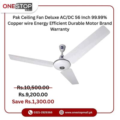 Pak Ceiling Fan Deluxe AC/DC 56 Inch 99.99% Copper wire Energy Effici