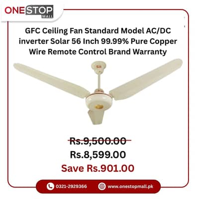 GFC Ceiling Fan Standard Model AC/DC inverter Solar 56 Inch 99.99% Pu