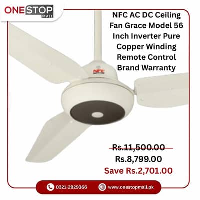NFC AC DC Ceiling Fan Grace Model 56 Inch Inverter Pure Copper Windi
