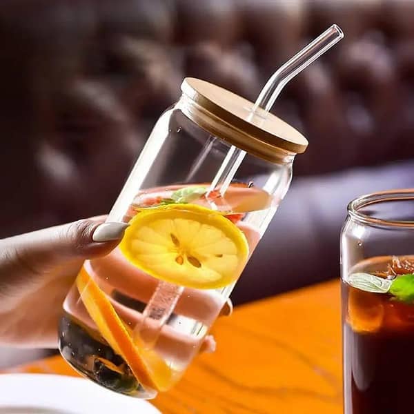 Round shape Glass with glass straw and wooden lid, coffee glass, milk glass, juice glass -Imported high quality - cups for tea - tea cup - coffee mug - kitchen accessories