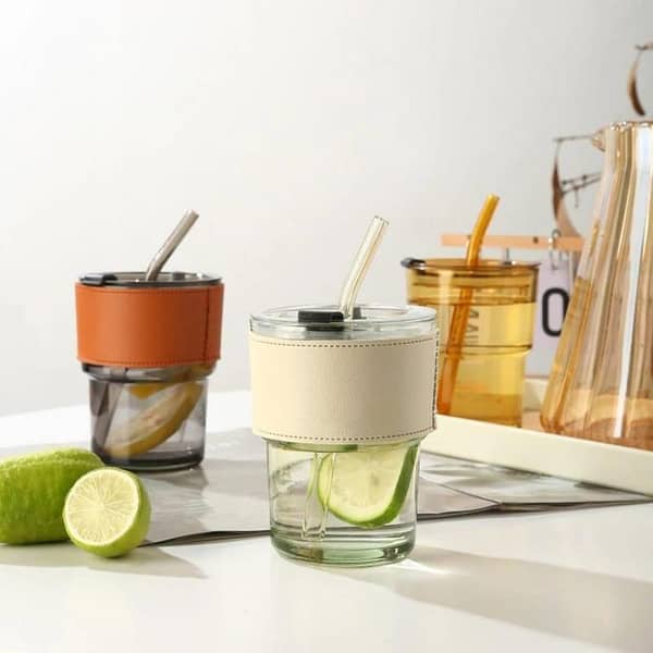 Tumbler Mug with Lid, Glass Straw and Protective Anti-Skid Leather Sleeve for Hot and Cold Beverages Tea Coffee Smoothies Fruit Juice Travel Mug .