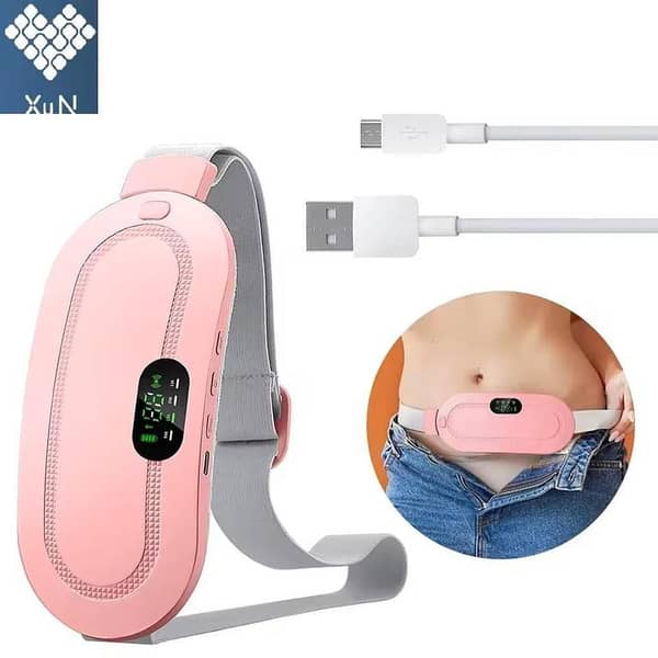 PERIOD CRAMP RELIEF BELT – Portable menstrual heating belt with 4 heat levels and 3 massage modes (Pink), rechargeable and cordless