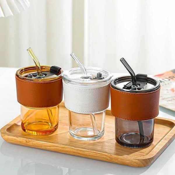 Glass Tumbler with Straw, Lid & Leather Sleeve, Masson Jars Slub Glass Reusable Eco Friendly Glass Coffee Mug Tea Mug Tumbler