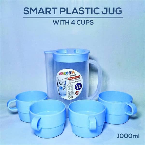 1 litter Plastic Jug for Water and Juice with 4 cups - Water Jugs - Juice jug ( Randomly Color Will Be Sent 1 Liter Jug with 4 Cups /High Quality 1 Jug with 4 Cups/multicolor available 1 jug with 4 cups