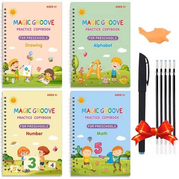 Pack of 4 Magic Book Practice Copybooks for Kids: 4 Books + 5 Refills (Ages 3–6) - Number & Letter Tracing, Drawing & Math, Print Handwriting