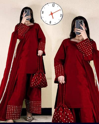 Elegant Maroon Shamoz Silk Women's Stitched Suit - 4 Pcs Set