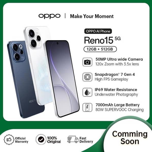 [COMING SOON] OPPO Reno15 5G | 12GB RAM + 512GB ROM | 50MP Ultra Wide Selfie Camera | 6500mAH Large Battery with 80W Fast Charging | Pakistan Longest 120x Zoom Camera | Latest ColorOS 16  | IP69 Water & Dust Resistance