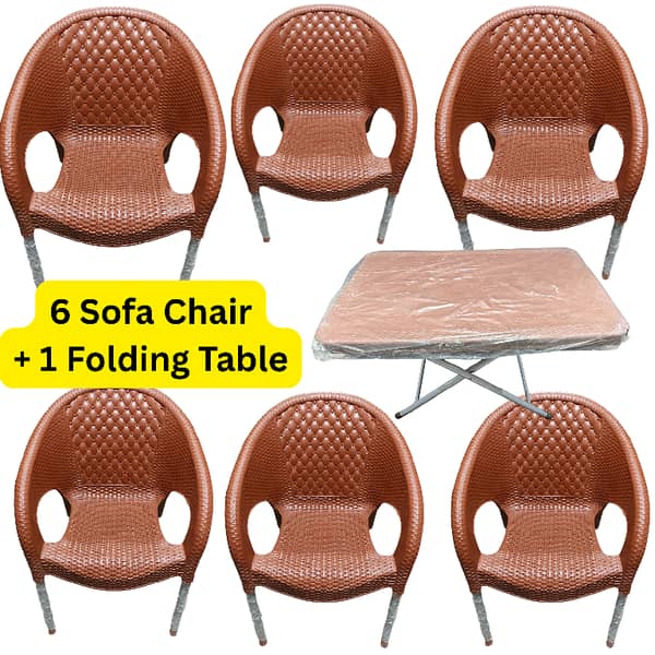 Elegant Woven-Style Rattan Sofa Chair Set with Folding or Fixed Table – 4/6 Seats (+ Table) | Plastic Chair Set for Outdoor or Living Room