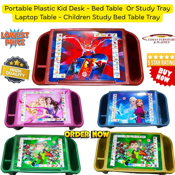 Kids Study Table – Portable Plastic Study Desk with Storage Compartments | Cartoon Printed Laptop Table for Children | Perfect for Study, Drawing, Eating & Playing at Home or School – Durable & Lightweight Design