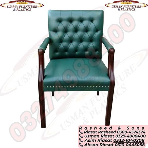 Luxury Green Tufted Leather Accent Chair | Wooden Arm Chair for Office, Reception & Home Office