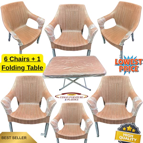 Plastic Chair Set: 6 Chairs and 1 Table | Plastic Chairs & Table Set (Rattan Style)